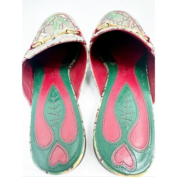 Gucci Princetown Gold Horsebit Tian GG Monogram Bird Print Canvas Mules Size 37 - Picture 8 of 9